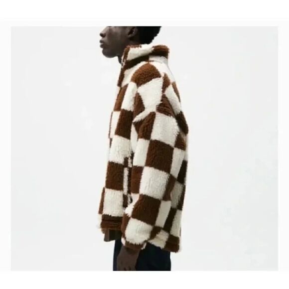 ZARA MEN combination checkered/ plaid fleece jacket  Oversized Cozy SZ S - Picture 8 of 16